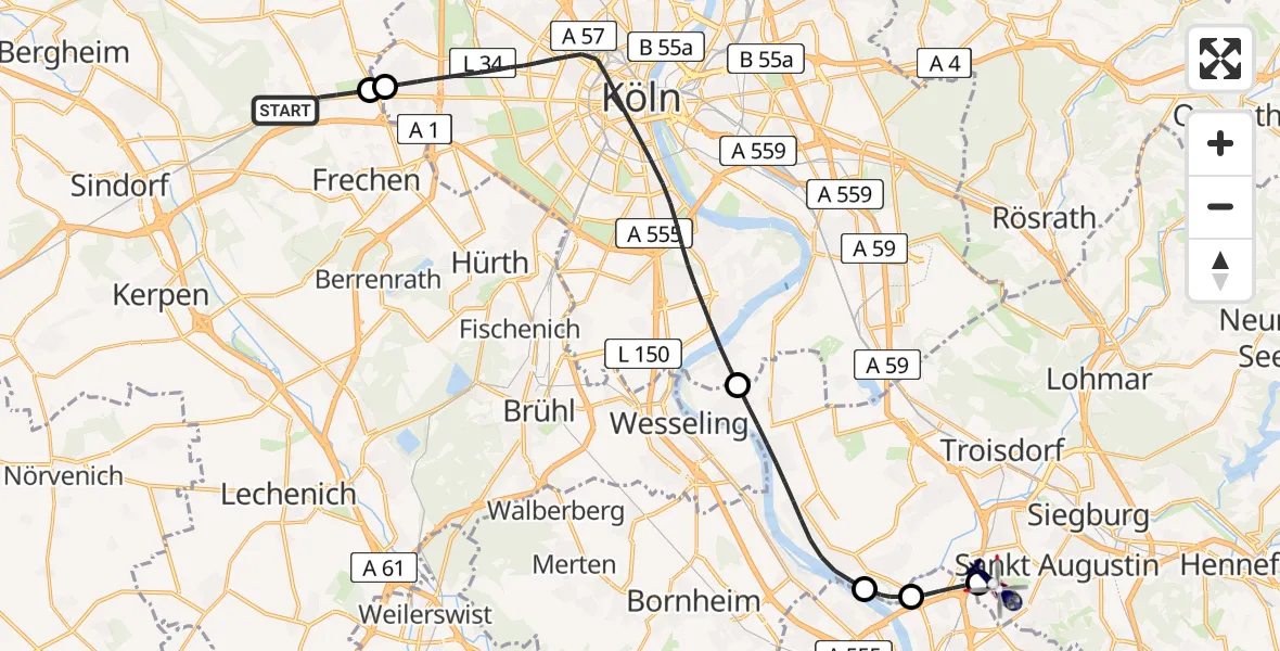 Flugroute Polizeihubschrauber Frechen - Sankt Augustin, 09 April 2026, 15:55