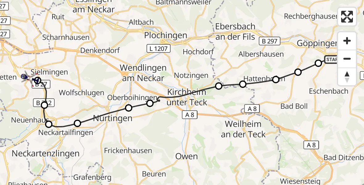 Flugroute Polizeihubschrauber Göppingen - Flughafen Stuttgart, 09 April 2026, 16:04