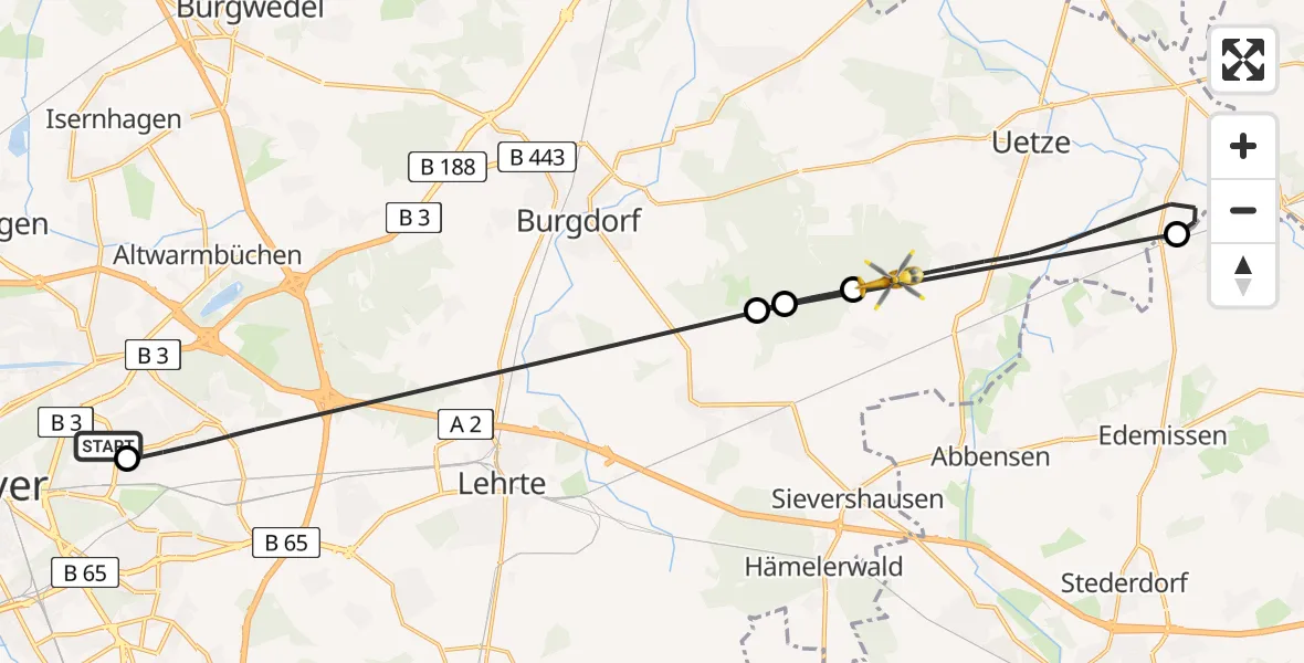 Flugroute Rettungshubschrauber Hannover Luftrettung Hubschrauberlandeplatz (Christoph 4) - Uetze, 09 April 2026, 16:09