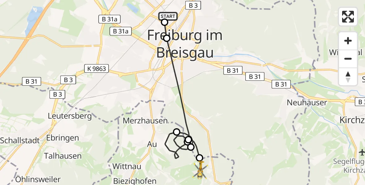 Flugroute Rettungshubschrauber Freiburg University Hospital Heliport 1 - Horben, 09 April 2026, 16:24