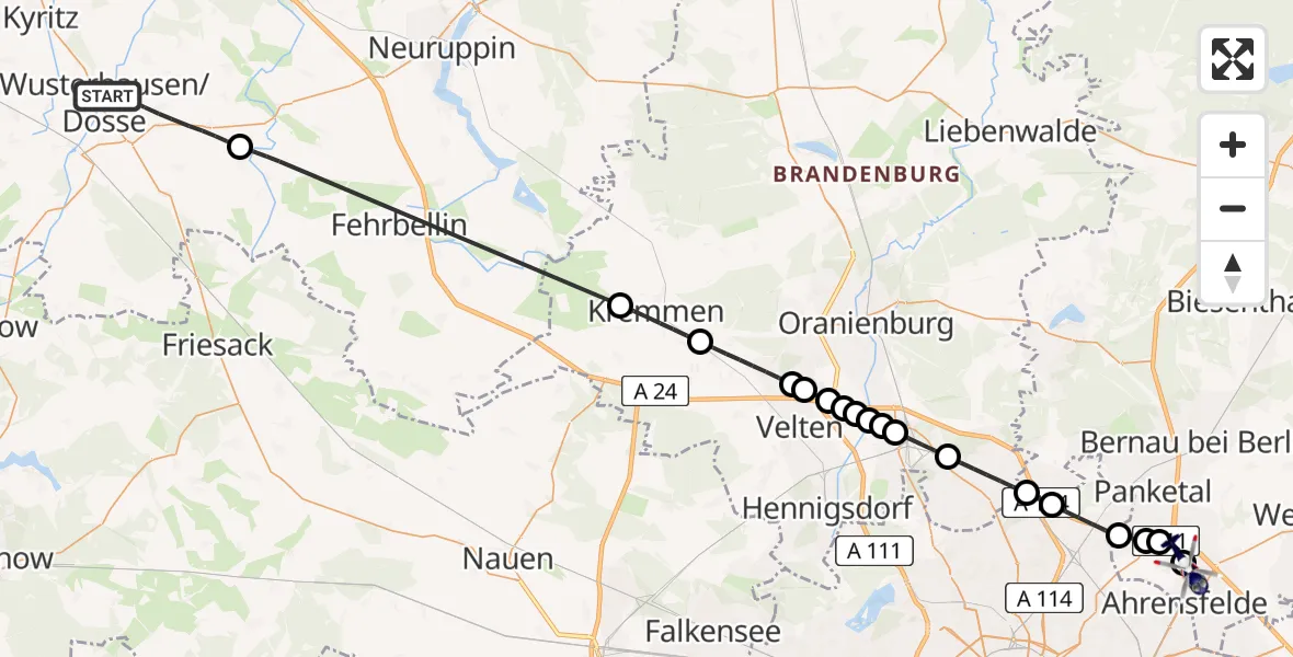 Flugroute Polizeihubschrauber Wusterhausen/Dosse - Ahrensfelde Hubschrauberlandeplatz, 09 April 2026, 16:24