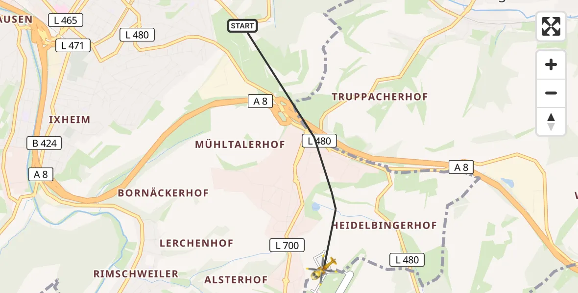 Flugroute Rettungshubschrauber Zweibrücken - Zweibrücken, 09 April 2026, 16:34