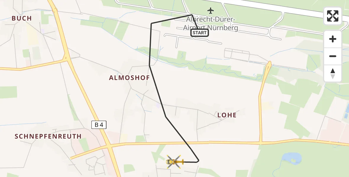 Flugroute Rettungshubschrauber Flughafen Nuremberg - Flughafen Nuremberg, 09 April 2026, 16:43
