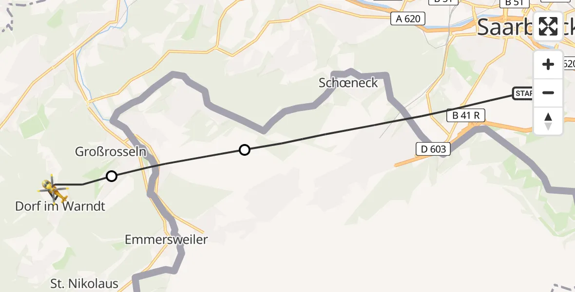 Flugroute Rettungshubschrauber Saarbrücken - Großrosseln, 09 April 2026, 16:44