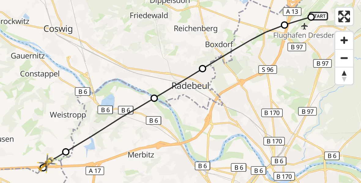 Flugroute Rettungshubschrauber Dresden Bundespolizei Hubschrauberlandeplatz - Wilsdruff, 09 April 2026, 16:45