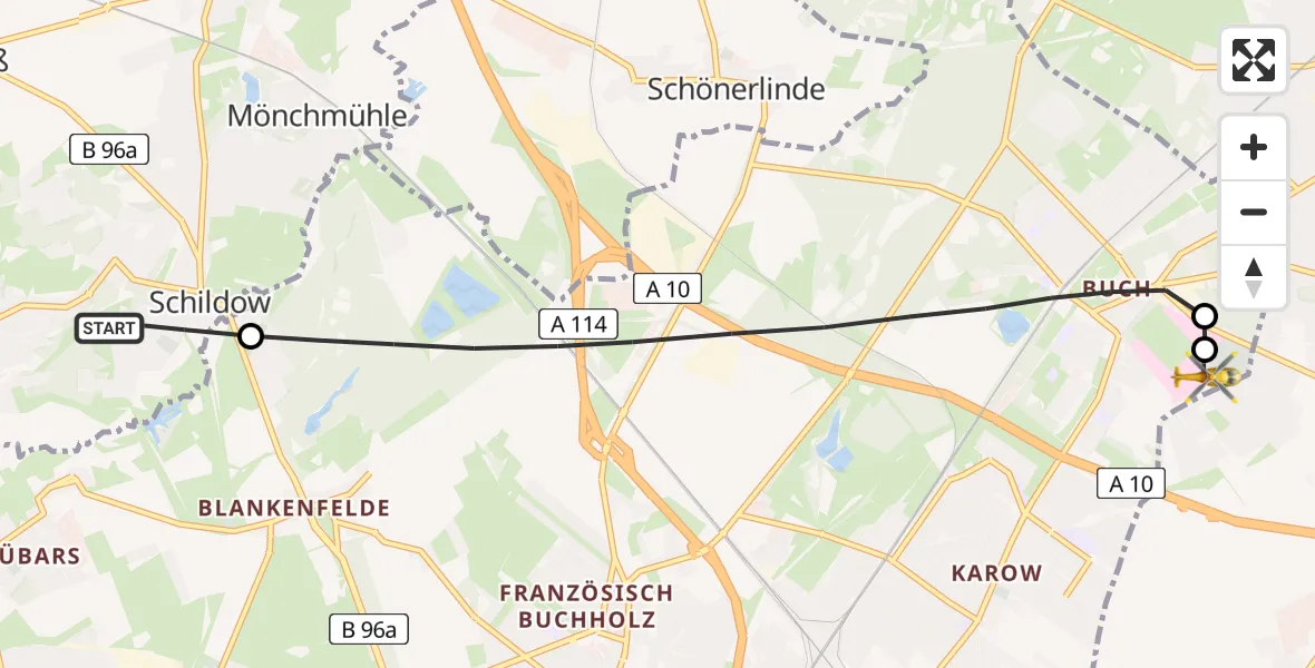Flugroute Rettungshubschrauber Mühlenbecker Land - Helios Clinic Berlin-Buch, 09 April 2026, 16:49