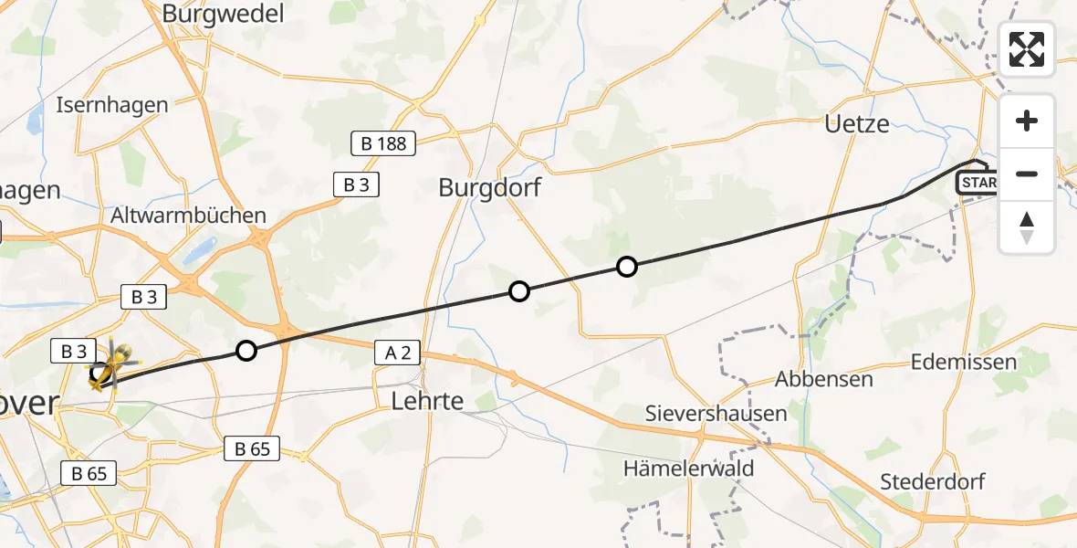 Flugroute Rettungshubschrauber Uetze - Hannover Luftrettung Hubschrauberlandeplatz (Christoph 4), 09 April 2026, 16:55