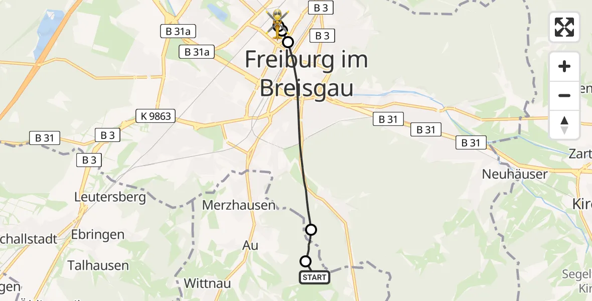 Flugroute Rettungshubschrauber Horben - Freiburg University Hospital Heliport 1, 09 April 2026, 16:57