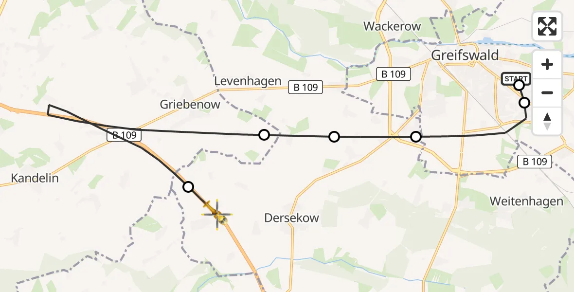 Flugroute Rettungshubschrauber Greifswald Hospital - Dersekow, 09 April 2026, 17:08