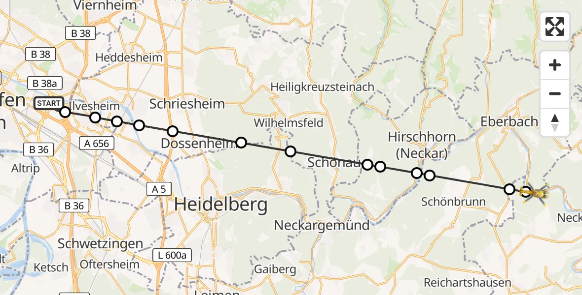Flugroute Rettungshubschrauber Mannheim-City Flughafen - Eberbach, 09 April 2026, 17:09