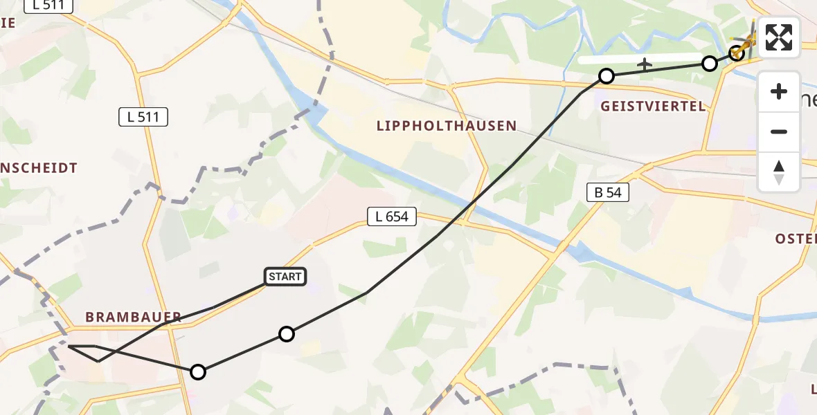 Flugroute Rettungshubschrauber Lünen - Sankt Marien Hospital, 09 April 2026, 17:11