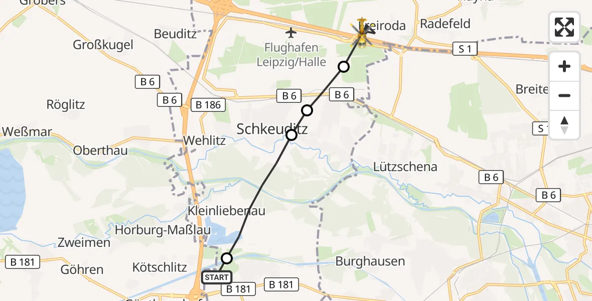 Flugroute Rettungshubschrauber ADAC Air Rescue Station Leipzig/Schkeuditz-Dölzig Hubschrauberlandeplatz (Christoph 61) - Flughafen Leipzig/Halle, 09 April 2026, 17:16
