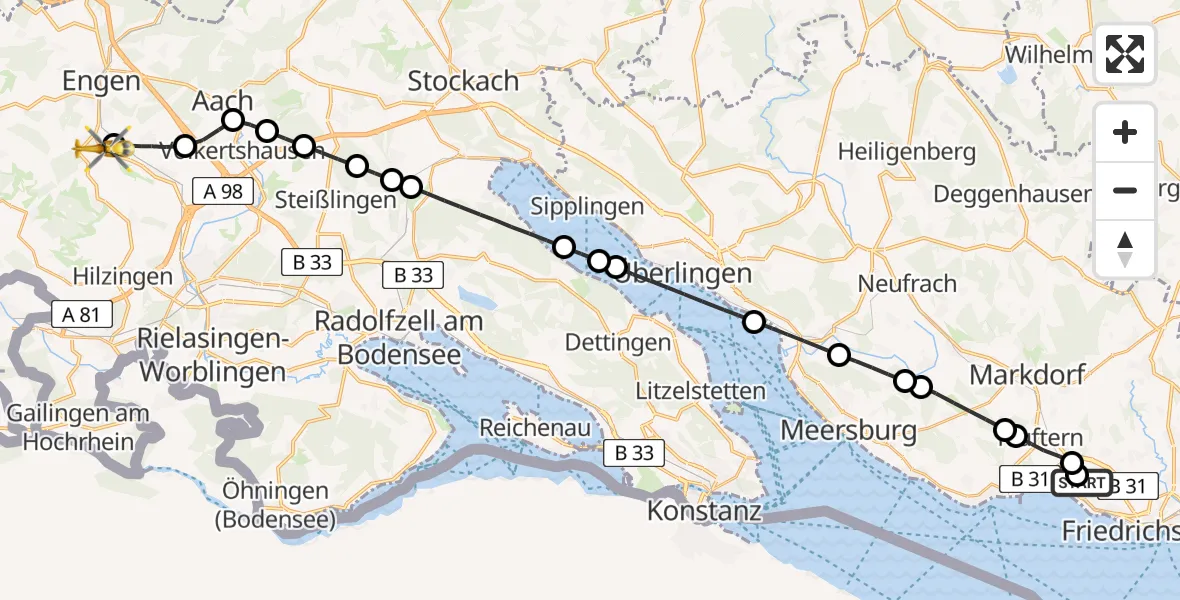 Flugroute Rettungshubschrauber Friedrichshafen Hospital - Engen, 09 April 2026, 17:18