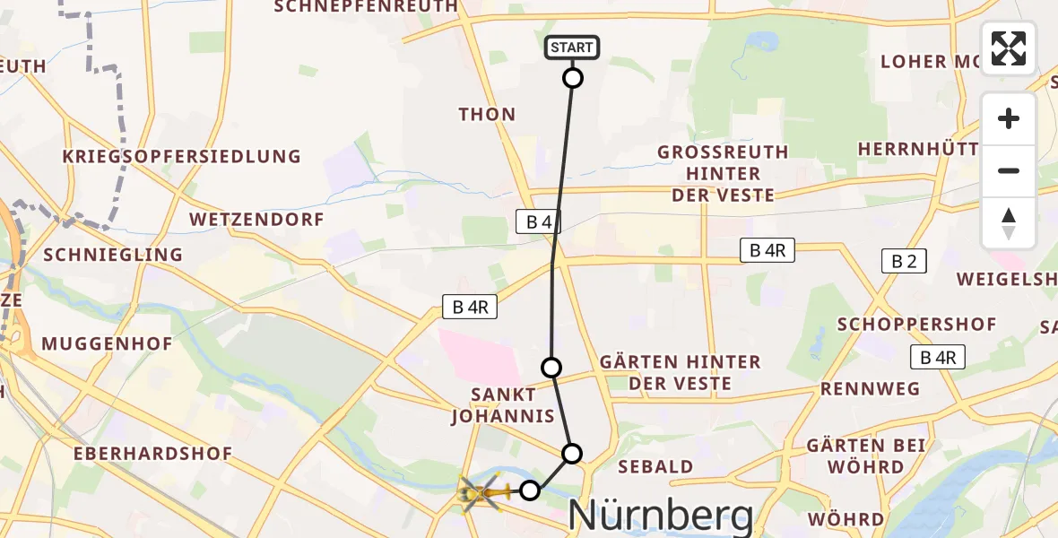 Flugroute Rettungshubschrauber Flughafen Nuremberg - Deutschherrnwiese Hubschrauberlandeplatz, 09 April 2026, 17:22