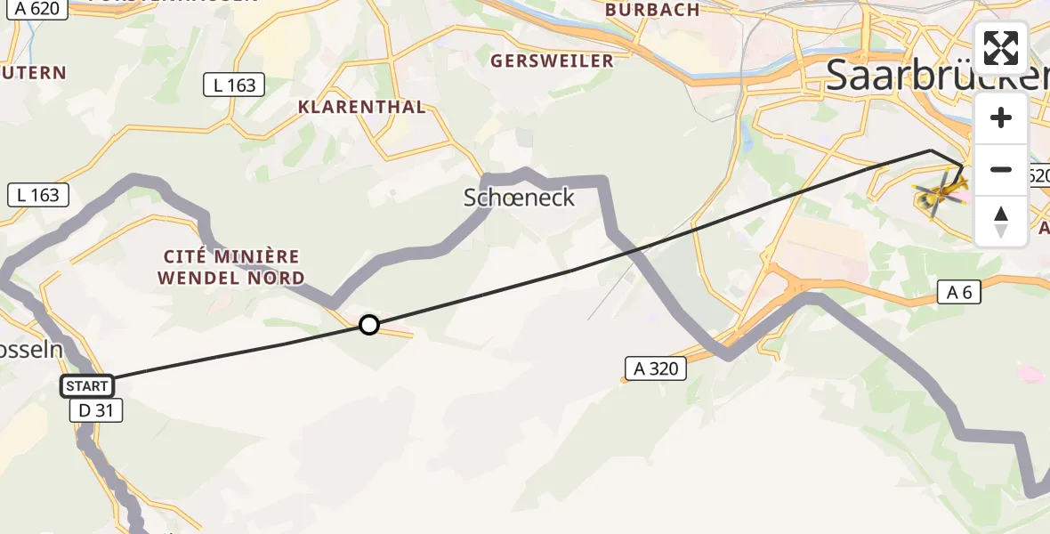 Flugroute Rettungshubschrauber Petite-Rosselle - Saarbrücken, 09 April 2026, 17:23