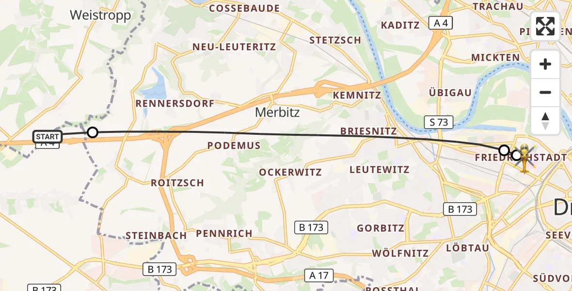 Flugroute Rettungshubschrauber Wilsdruff - Dresden Friedrichstadt Hospital, 09 April 2026, 17:25