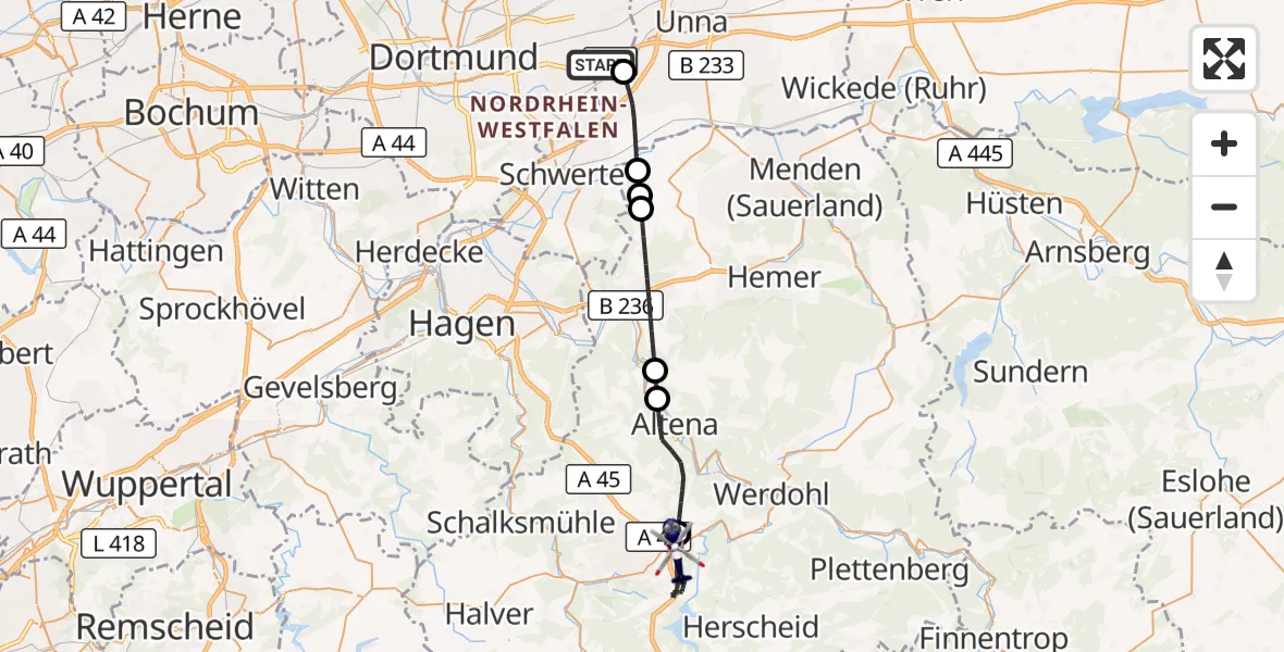 Flugroute Polizeihubschrauber Dortmund Flughafen - Lüdenscheid, 09 April 2026, 17:42