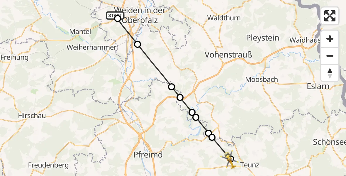 Flugroute Rettungshubschrauber Weiden in der Oberpfalz Flugplatz - Teunz, 09 April 2026, 17:44