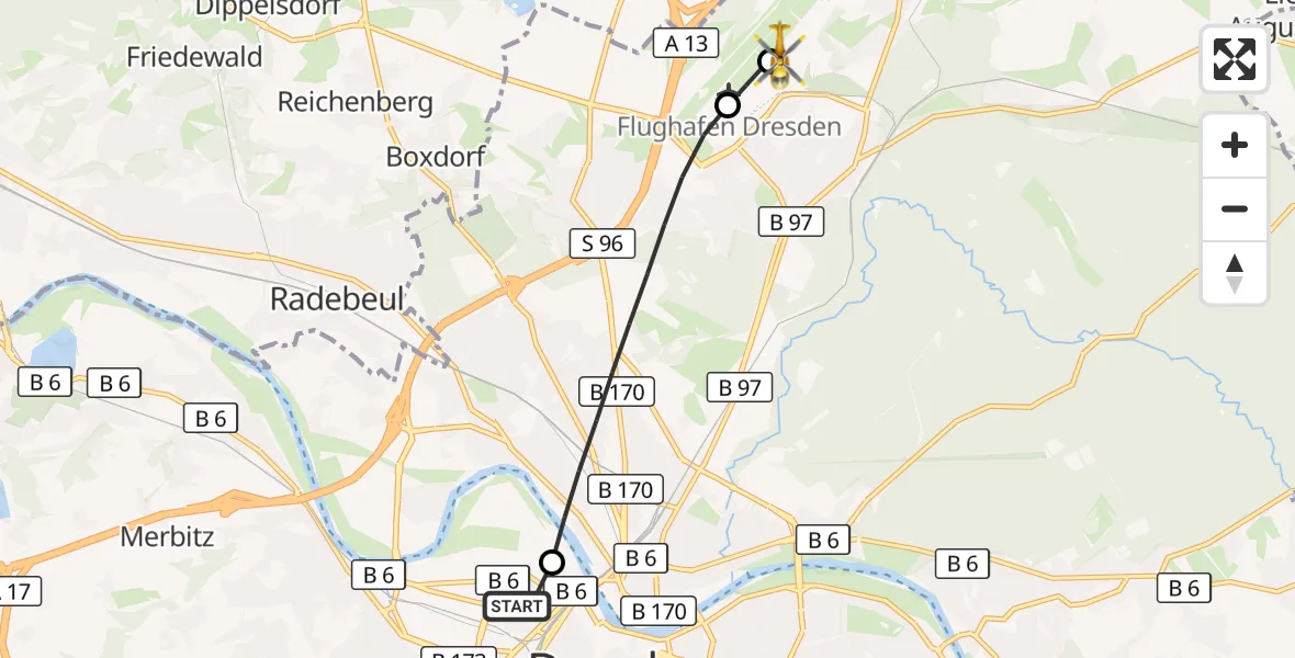 Flugroute Rettungshubschrauber Dresden Friedrichstadt Hospital - Dresden Bundespolizei Hubschrauberlandeplatz, 09 April 2026, 17:52