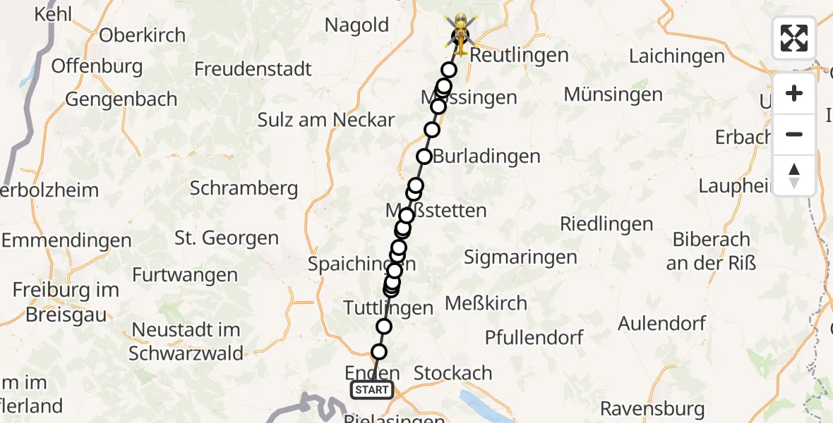 Flugroute Rettungshubschrauber Engen - Tübingen University Hospital, 09 April 2026, 17:52