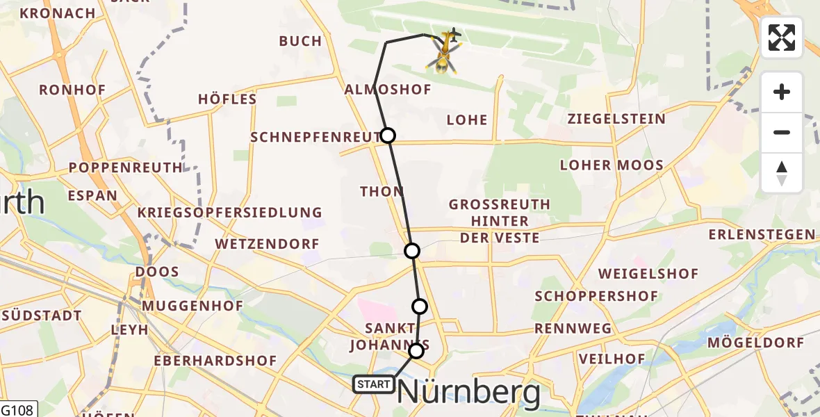 Flugroute Rettungshubschrauber Deutschherrnwiese Hubschrauberlandeplatz - Flughafen Nuremberg, 09 April 2026, 18:05