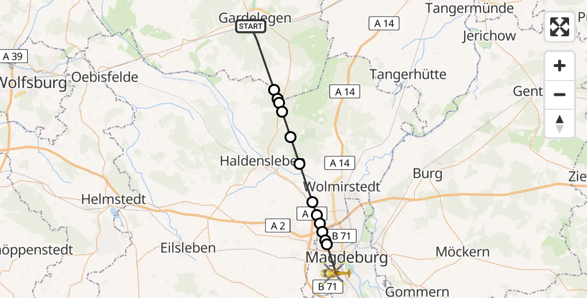Flugroute Ambulanzhubschrauber Gardelegen - Magdeburg, 09 April 2026, 18:29