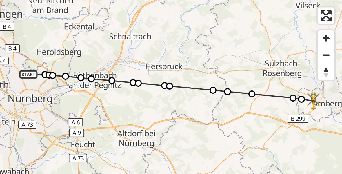 Flugroute Ambulanzhubschrauber Flughafen Nuremberg - Amberg, 09 April 2026, 18:36