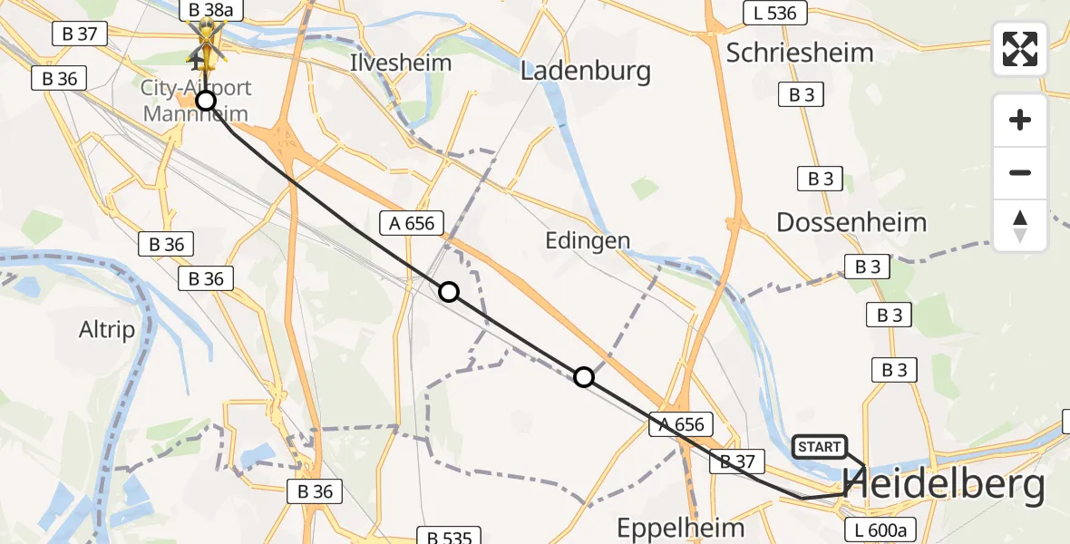 Flugroute Rettungshubschrauber Heidelberg - Mannheim-City Flughafen, 09 April 2026, 18:36