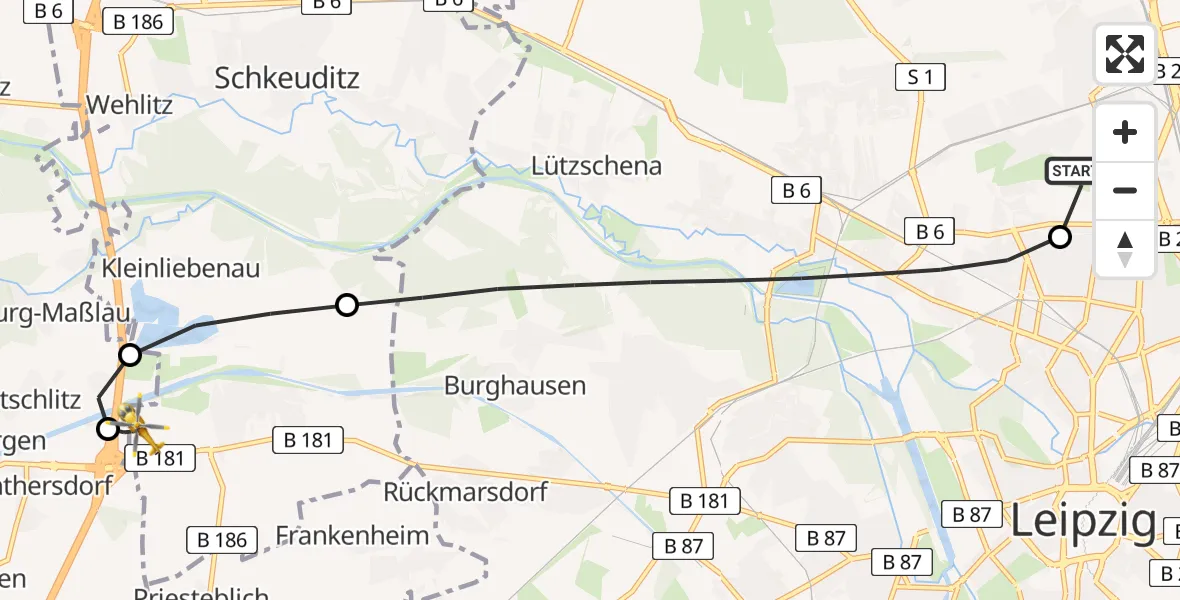 Flugroute Rettungshubschrauber Sankt Georg Hospital Leipzig Reserve - ADAC Air Rescue Station Leipzig/Schkeuditz-Dölzig Hubschrauberlandeplatz (Christoph 61), 09 April 2026, 18:37