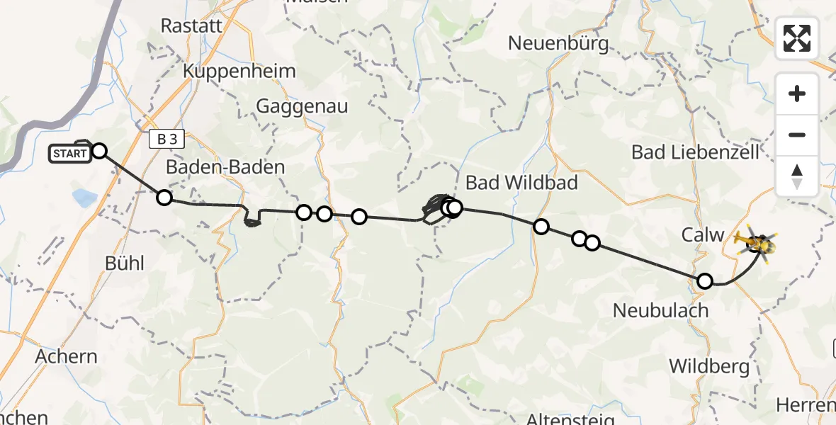 Flugroute Rettungshubschrauber Karlsruhe Baden-Baden Flughafen - Calw, 09 April 2026, 18:59