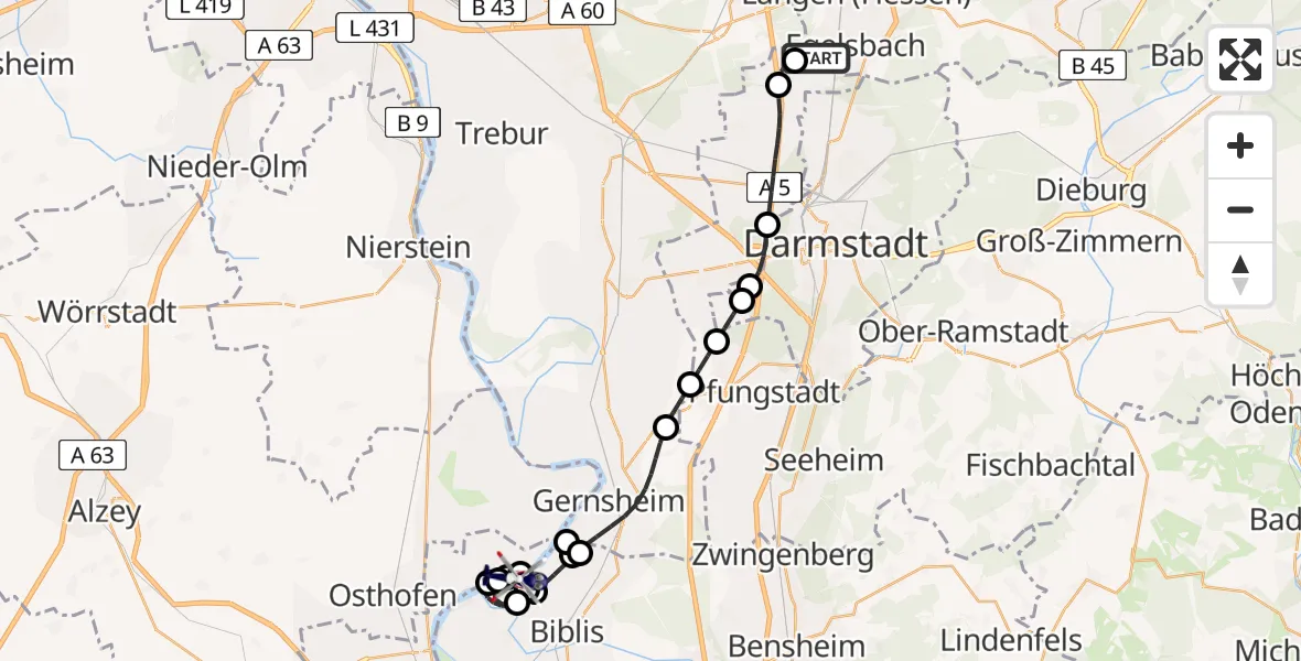 Flugroute Polizeihubschrauber Flughafen Frankfurt-Egelsbach - Biblis, 09 April 2026, 19:15