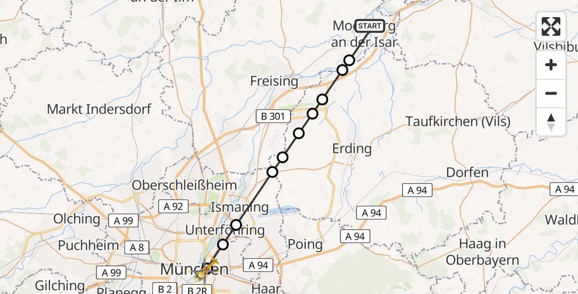 Flugroute Rettungshubschrauber Moosburg a.d.Isar - Rechts der Isar University Hospital, 09 April 2026, 19:52