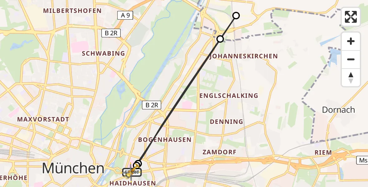 Flugroute Rettungshubschrauber Rechts der Isar University Hospital - Rechts der Isar University Hospital, 09 April 2026, 20:06