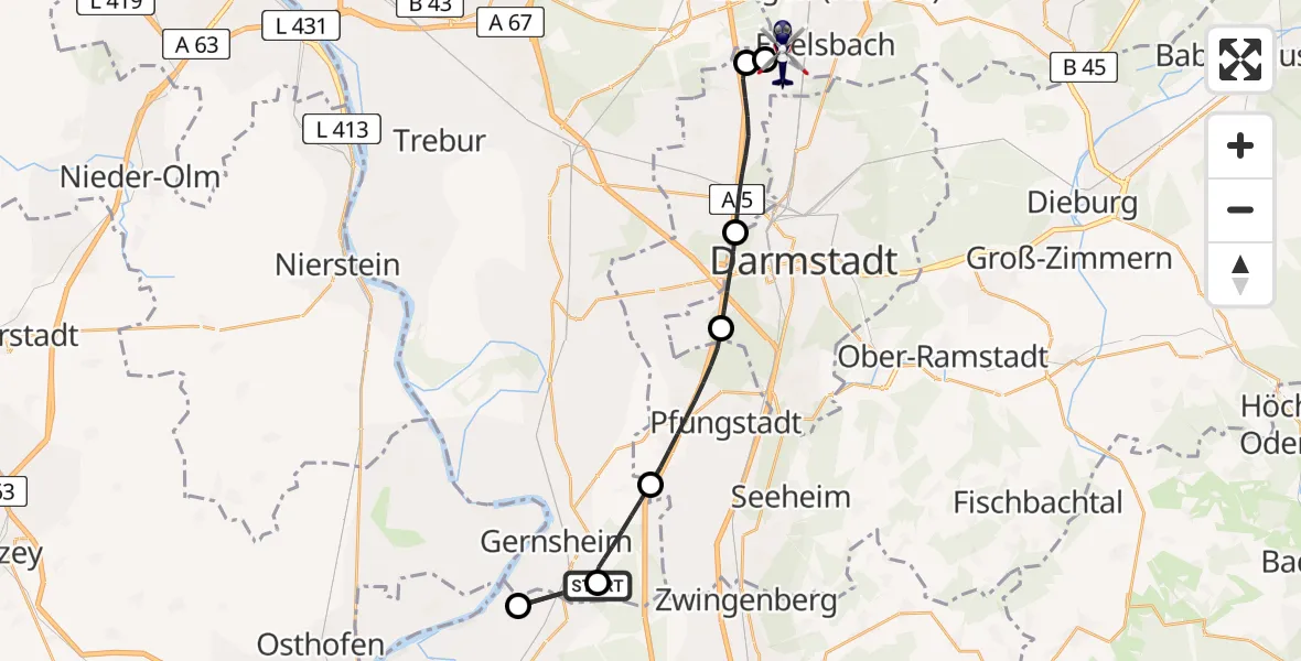 Flugroute Polizeihubschrauber Gernsheim - Flughafen Frankfurt-Egelsbach, 09 April 2026, 20:13