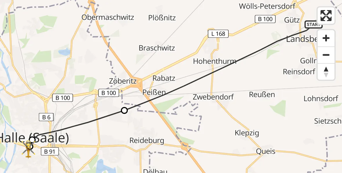 Flugroute Ambulanzhubschrauber Landsberg - Sankt Elisabeth and Sankt Barbara Hospital Halle (Saale), 09 April 2026, 20:18