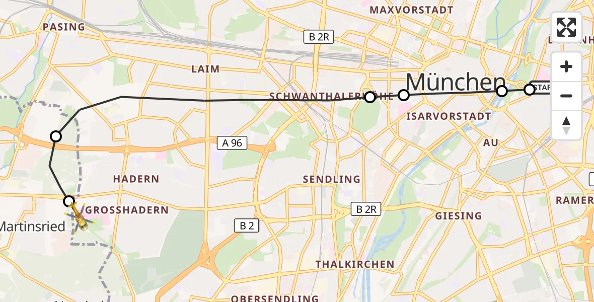 Flugroute Rettungshubschrauber Rechts der Isar University Hospital - DRF Air Rescue München Hubschrauberlandeplatz, 09 April 2026, 20:35