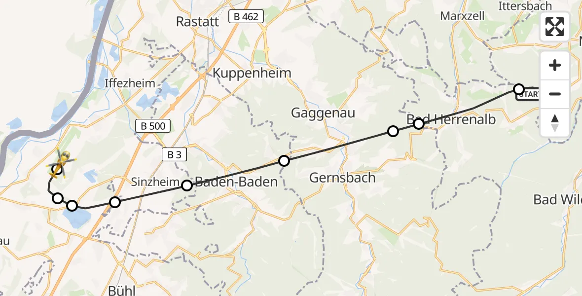 Flugroute Rettungshubschrauber Straubenhardt - Karlsruhe Baden-Baden Flughafen, 09 April 2026, 20:40