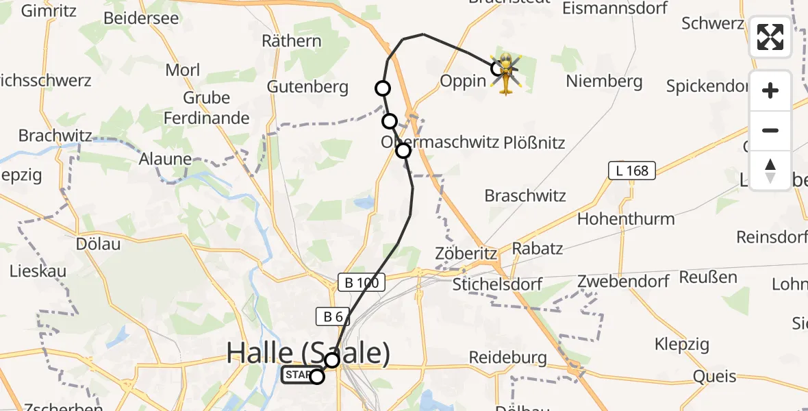 Flugroute Ambulanzhubschrauber Sankt Elisabeth and Sankt Barbara Hospital Halle (Saale) - Halle-Oppin Flugplatz, 09 April 2026, 20:53