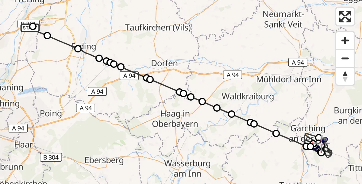 Flugroute Polizeihubschrauber Hallbergmoos - Feichten a.d.Alz, 09 April 2026, 21:08