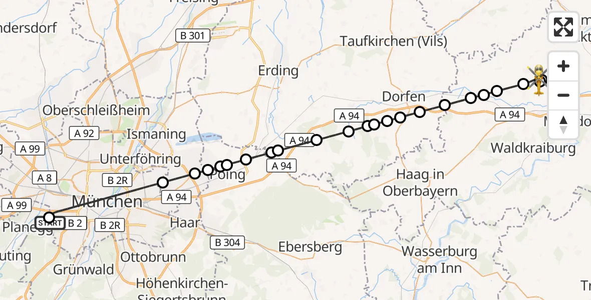 Flugroute Rettungshubschrauber DRF Air Rescue München Hubschrauberlandeplatz - Oberbergkirchen, 09 April 2026, 21:14