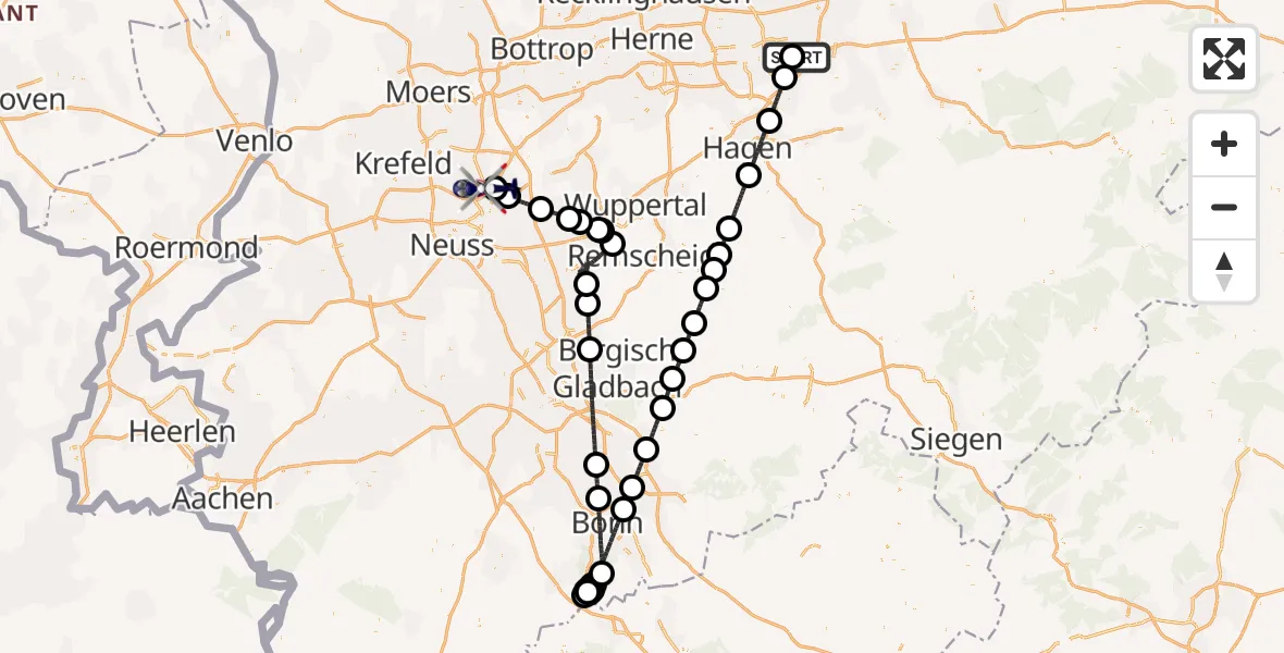 Flugroute Polizeihubschrauber Dortmund Flughafen - Düsseldorf Flughafen, 09 April 2026, 21:17