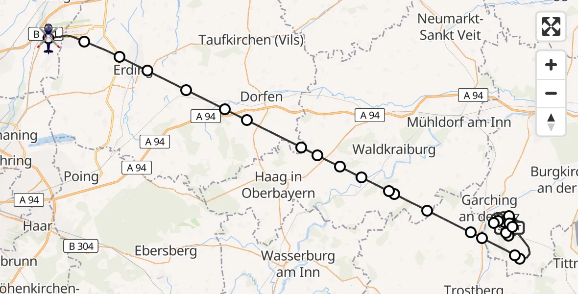 Flugroute Polizeihubschrauber Feichten a.d.Alz - Hallbergmoos, 09 April 2026, 22:36