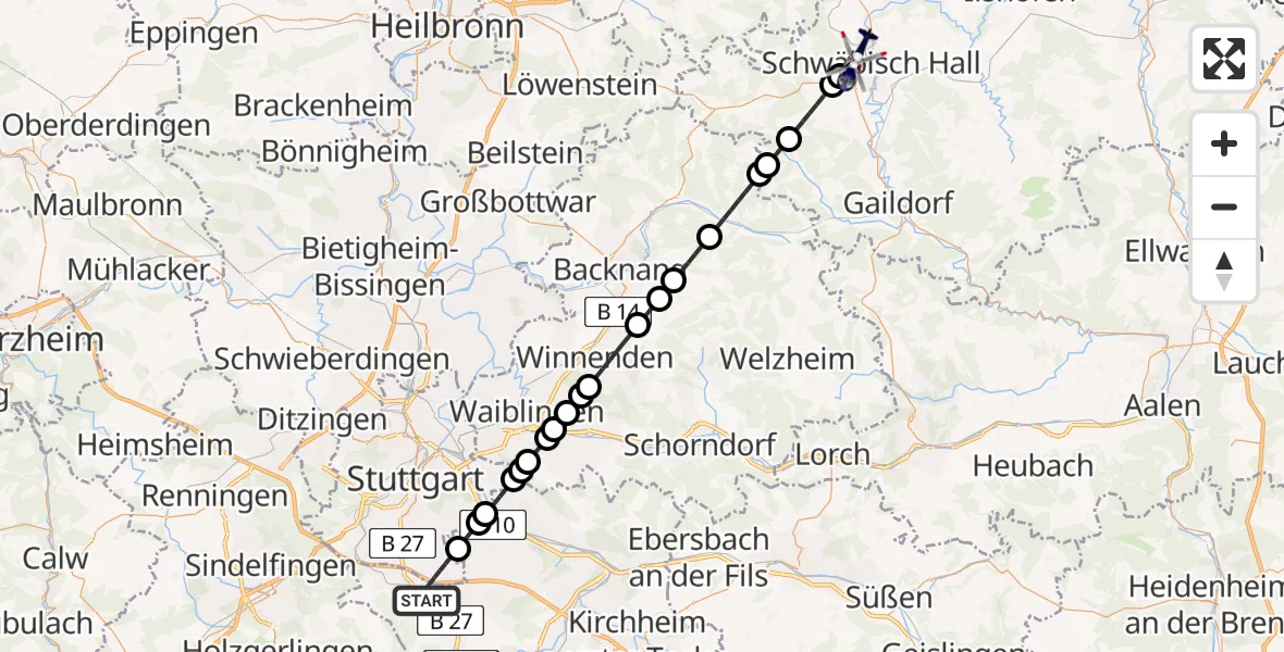 Flugroute Polizeihubschrauber Flughafen Stuttgart - Schwäbisch Hall, 09 April 2026, 22:36