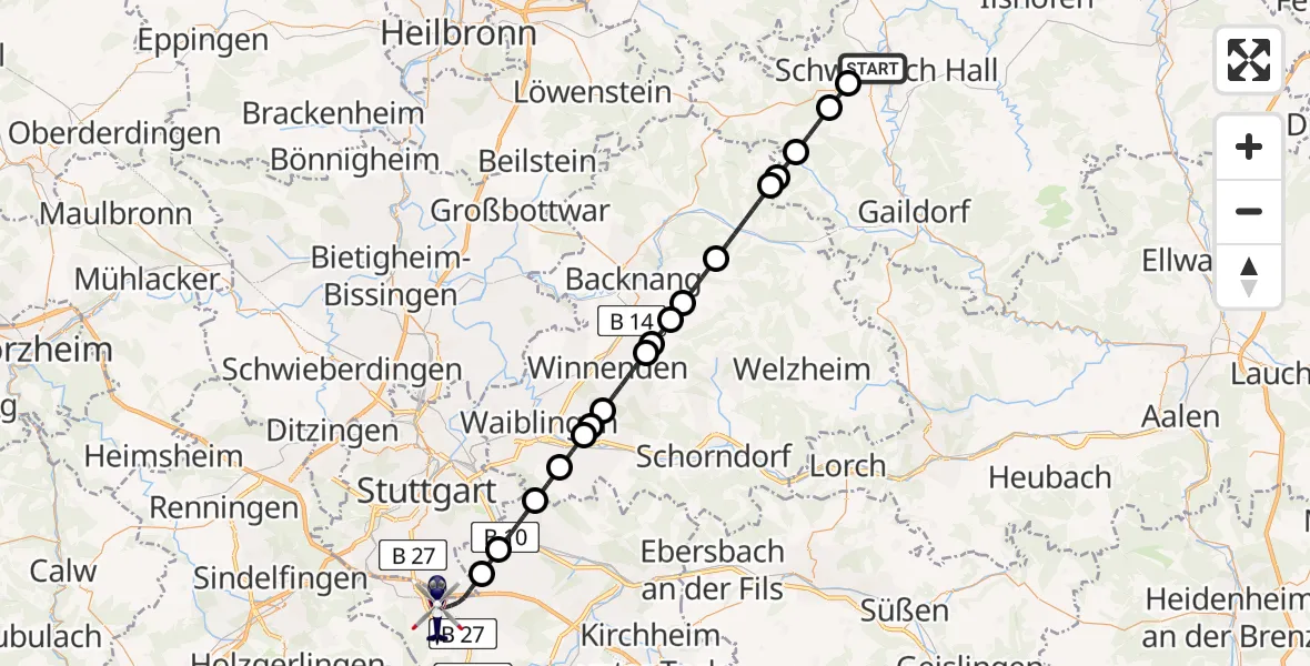 Flugroute Polizeihubschrauber Schwäbisch Hall - Flughafen Stuttgart, 09 April 2026, 23:03