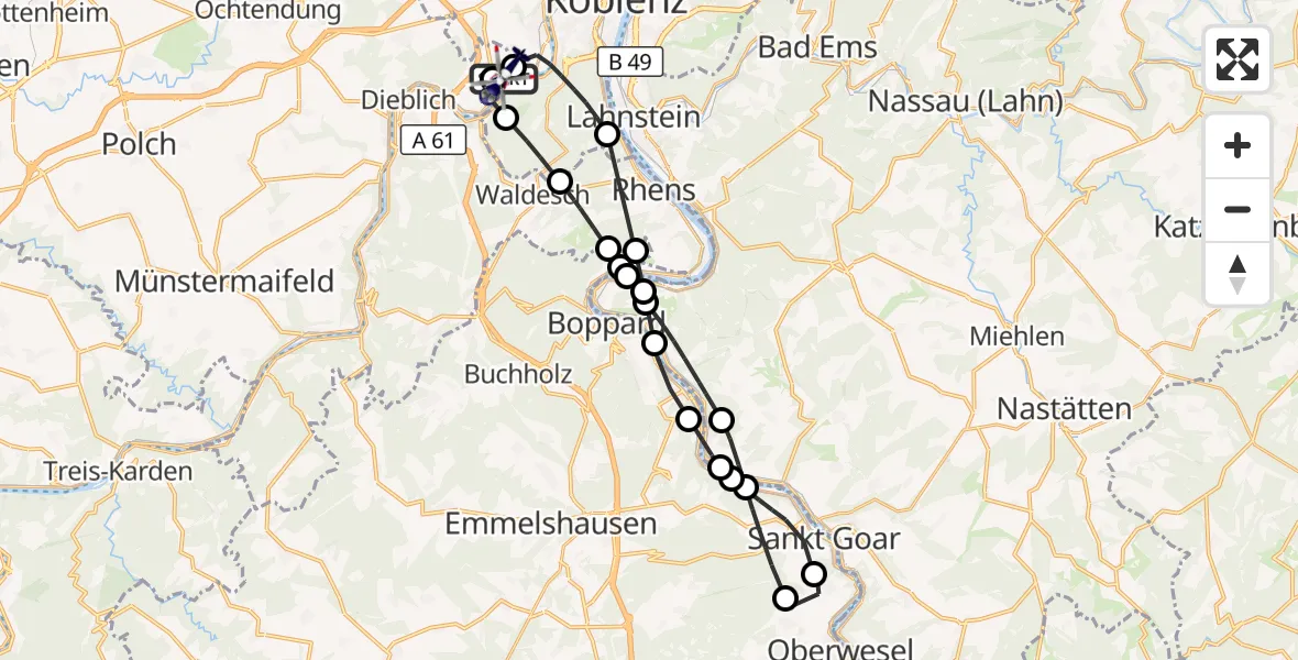 Flugroute Polizeihubschrauber Koblenz-Winningen Flugplatz - Koblenz-Winningen Flugplatz, 09 April 2026, 23:19