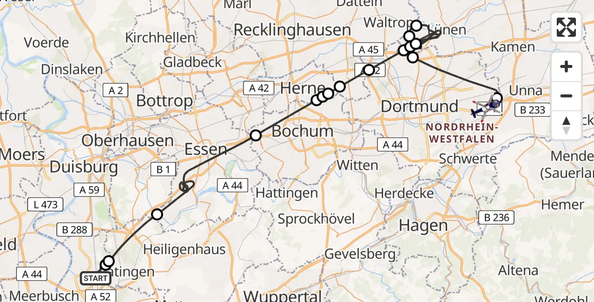 Flugroute Polizeihubschrauber Düsseldorf Flughafen - Dortmund Flughafen, 09 April 2026, 23:34