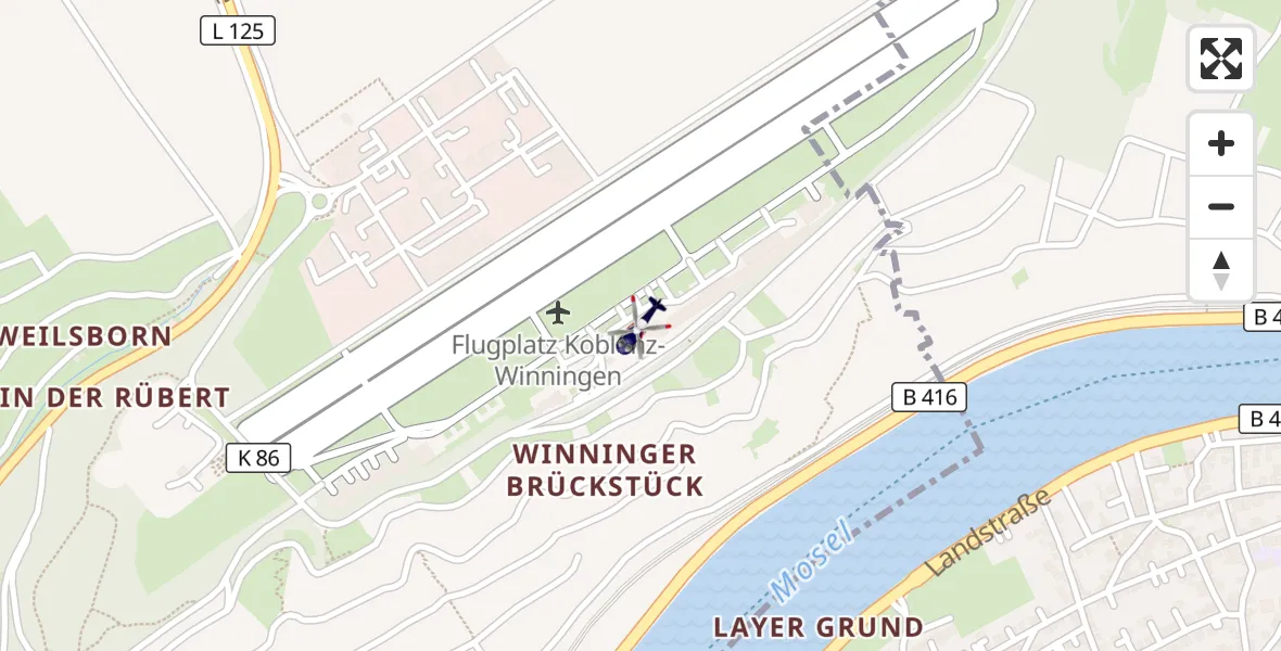 Flugroute Polizeihubschrauber Koblenz-Winningen Flugplatz - Koblenz-Winningen Flugplatz, 09 April 2026, 23:41