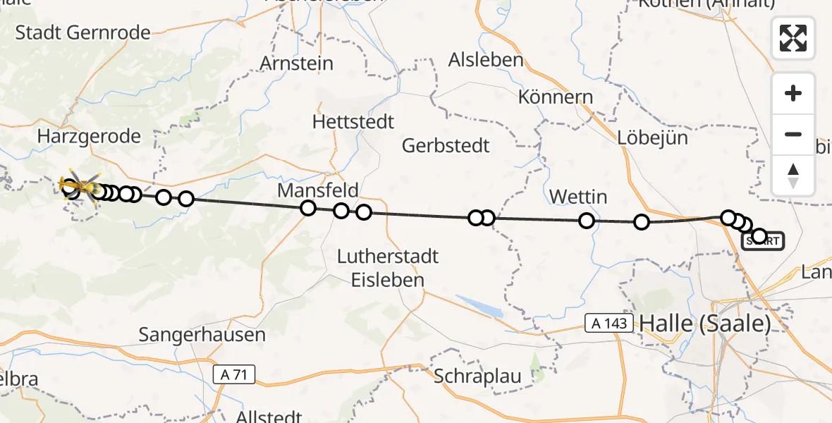Flugroute Ambulanzhubschrauber Halle-Oppin Flugplatz - Harzgerode, 10 April 2026, 00:08