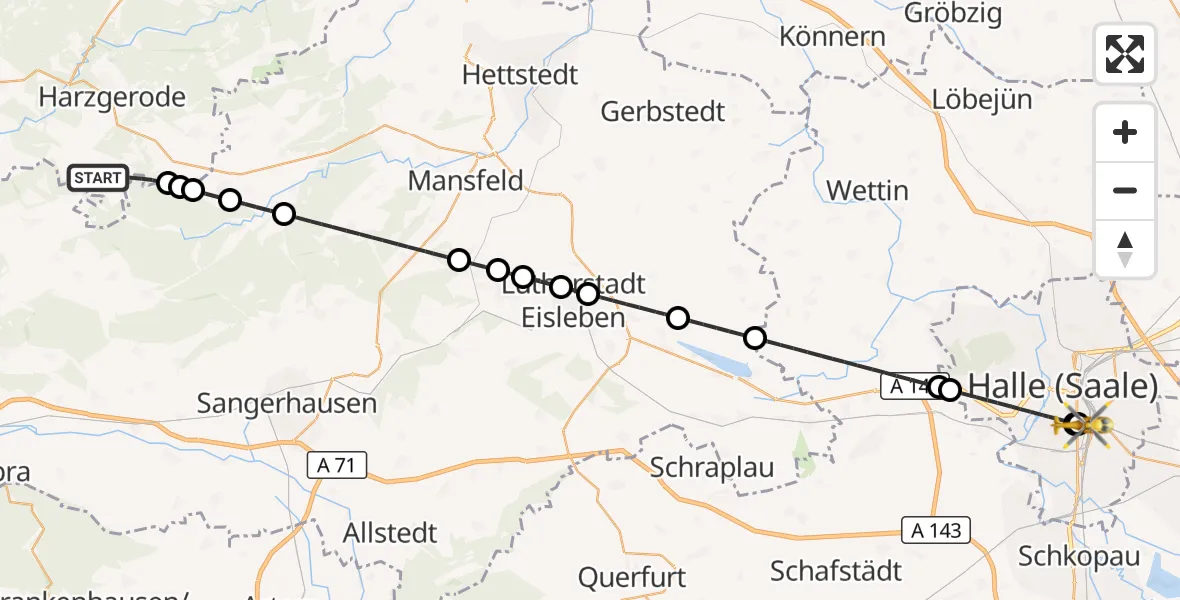 Flugroute Ambulanzhubschrauber Harzgerode - BG Hospital Bergmannstrost Halle, 10 April 2026, 00:46