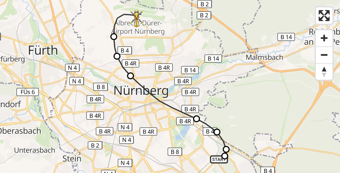 Flugroute Ambulanzhubschrauber Nürnberg South Hospital - Flughafen Nuremberg, 10 April 2026, 00:53